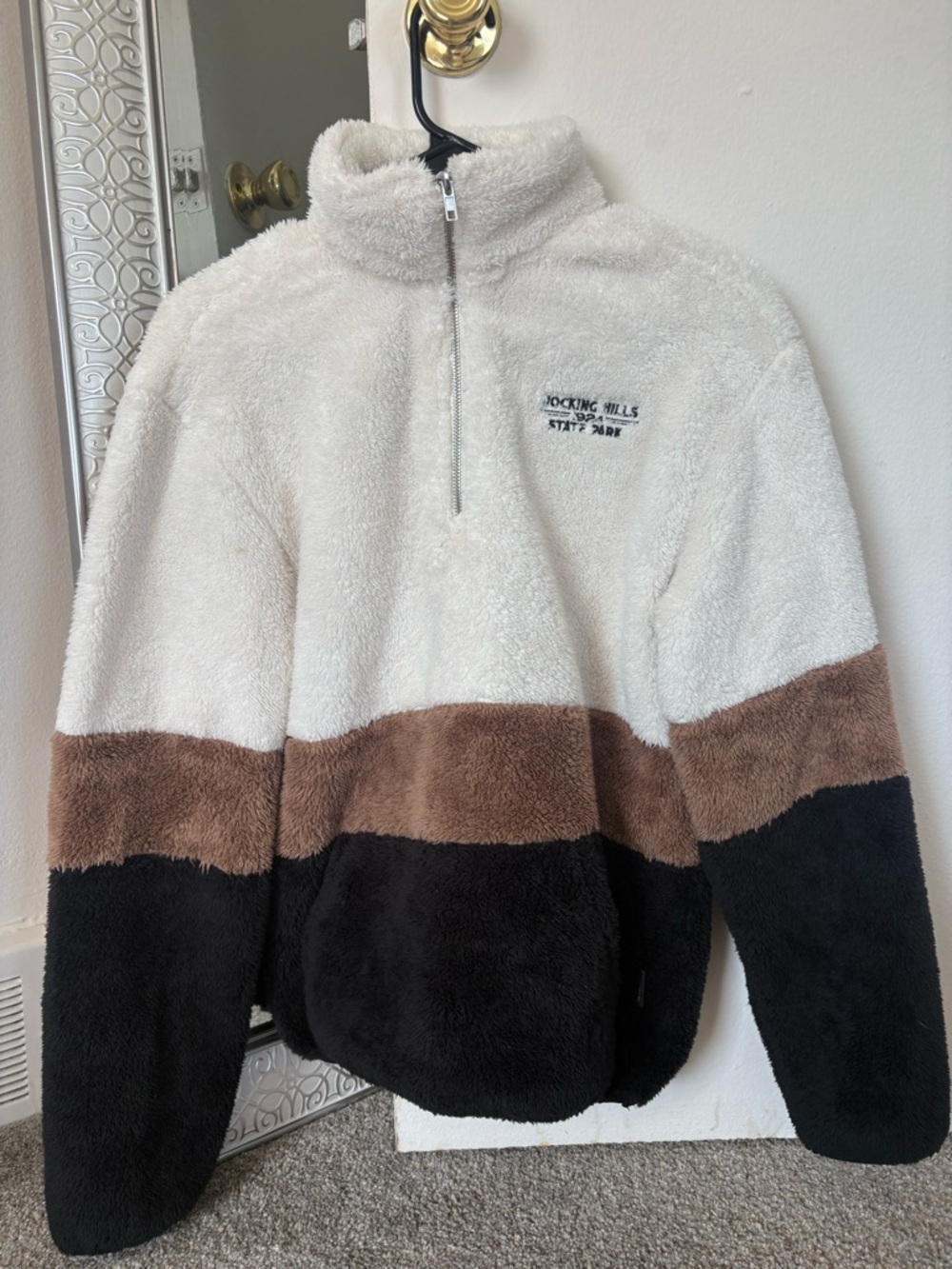 Teddy Half-Zip Colorblock Jacket - Cream, Brown & Black